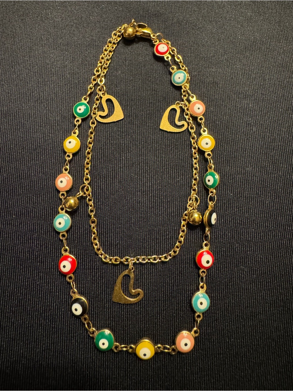 Layered Evil Eye Bracelet - Gold Tone - Multicolor Enamel - Open Hearts - 8”